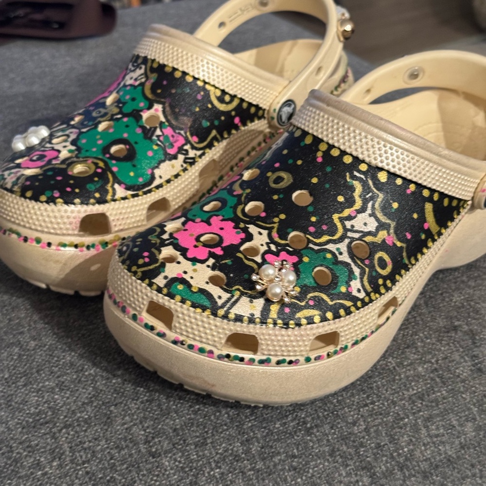 CROCS Black and Cream Mules with Floral Design